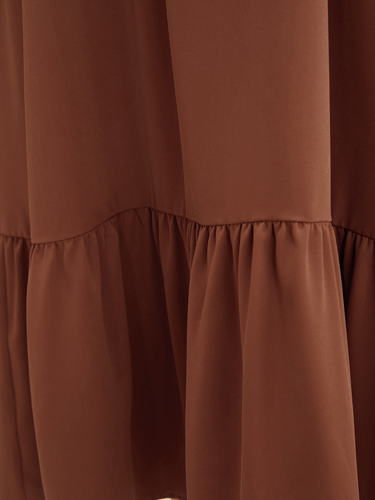 Solid V Neck Pocket Contrast Lace Ruffle Hem Dress