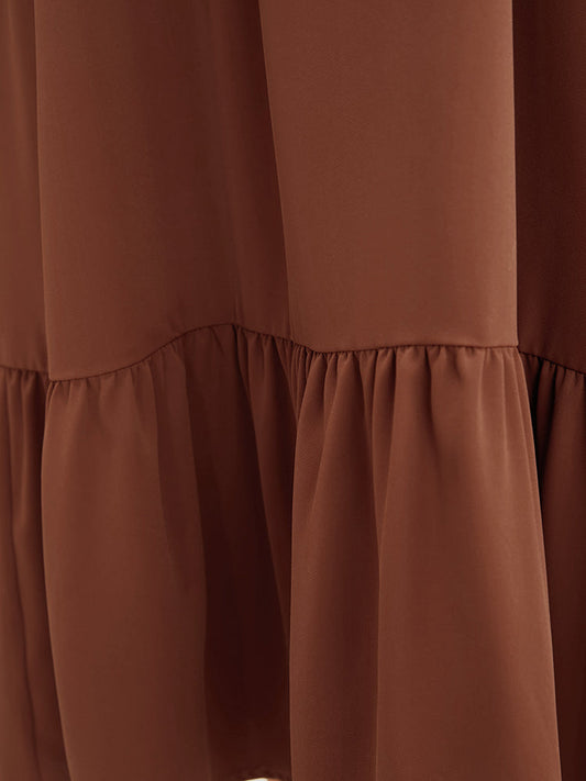 Solid V Neck Pocket Contrast Lace Ruffle Hem Dress