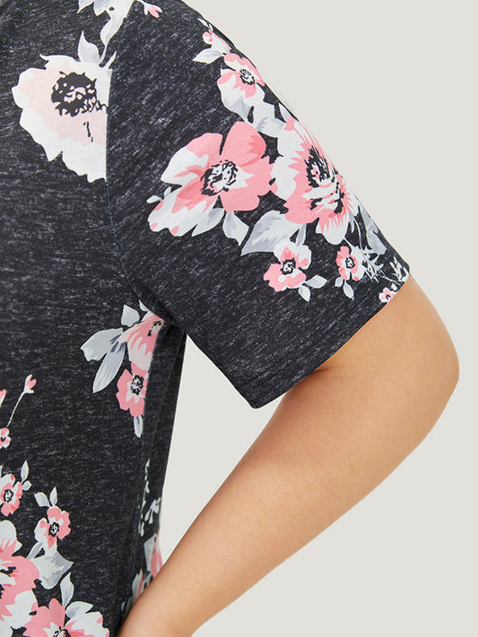 Floral Print V Neck Heather T-shirt