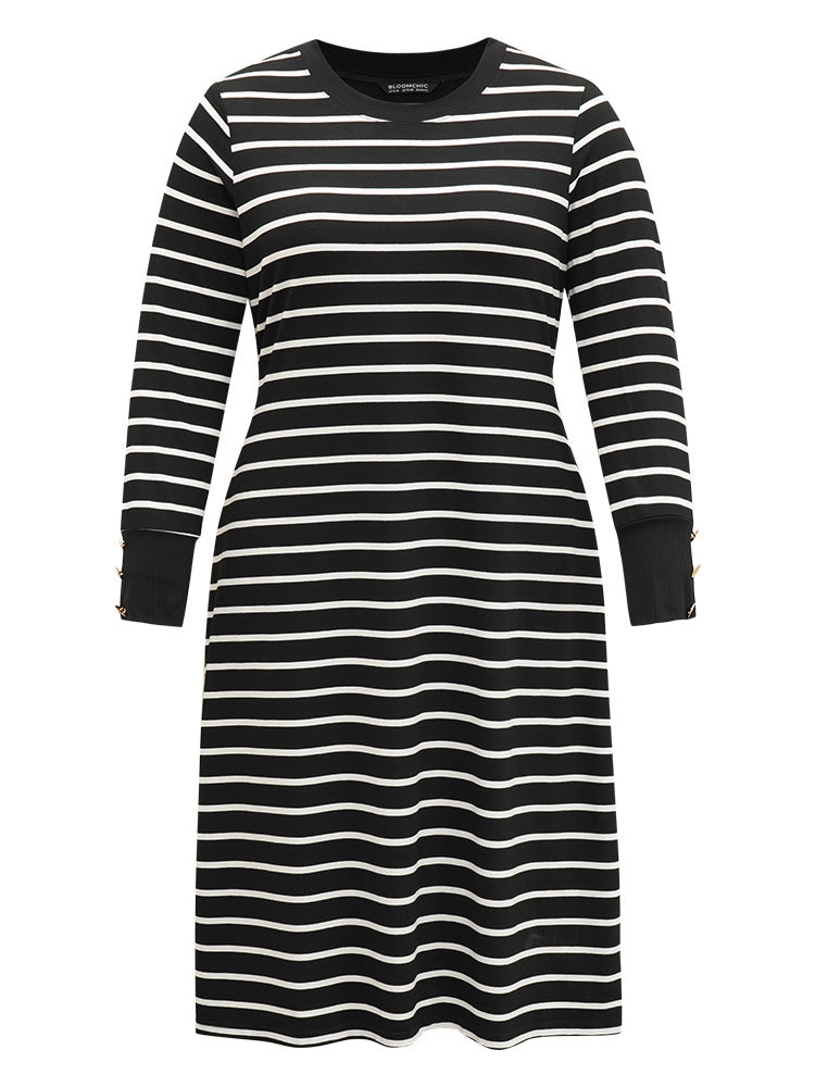Rib Knit Striped Button Detail Patchwork Dress