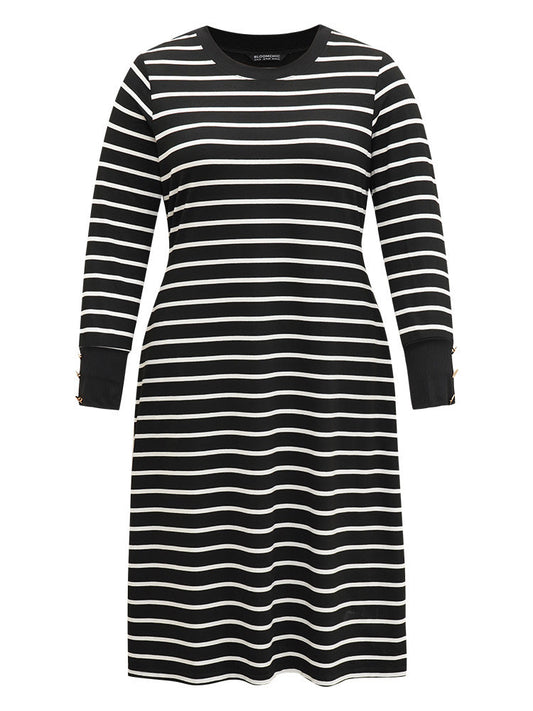 Rib Knit Striped Button Detail Patchwork Dress
