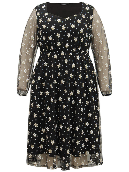 Floral Lace Mesh Pocket Elastic Waist Dress