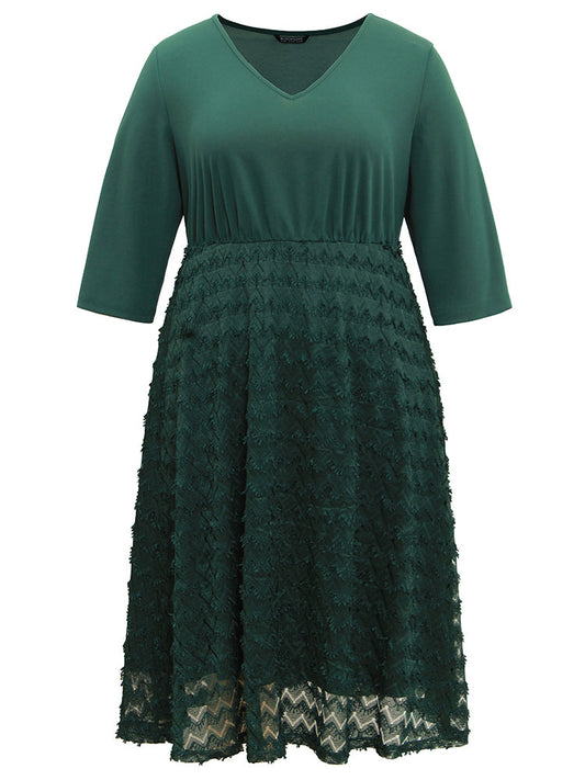 Plain Texture Mesh Patchwork Elastic Waist Dress