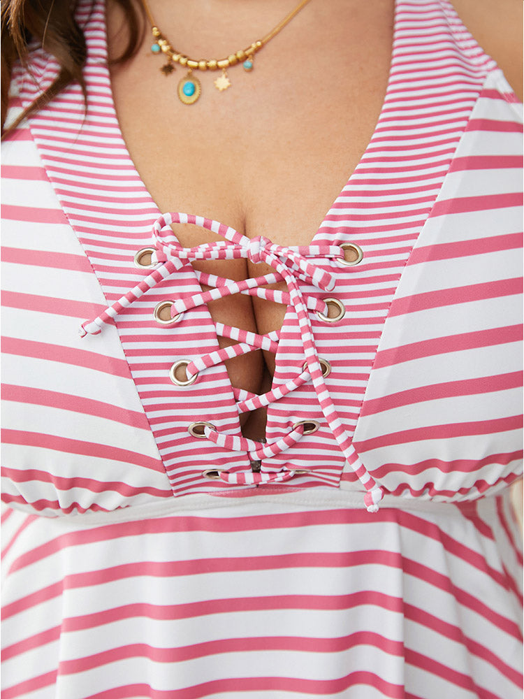 Striped Contrast Lace Up Crossover Tankini Top