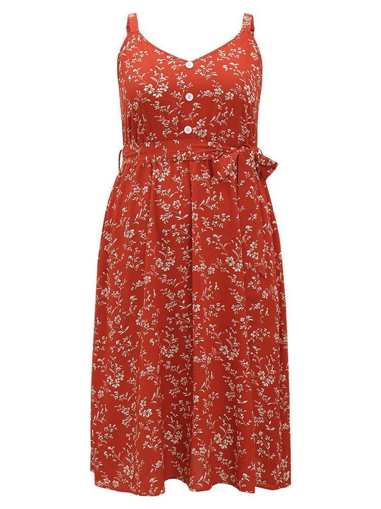 Ditsy Floral Button Detail Belted Split Hem Cami Dress