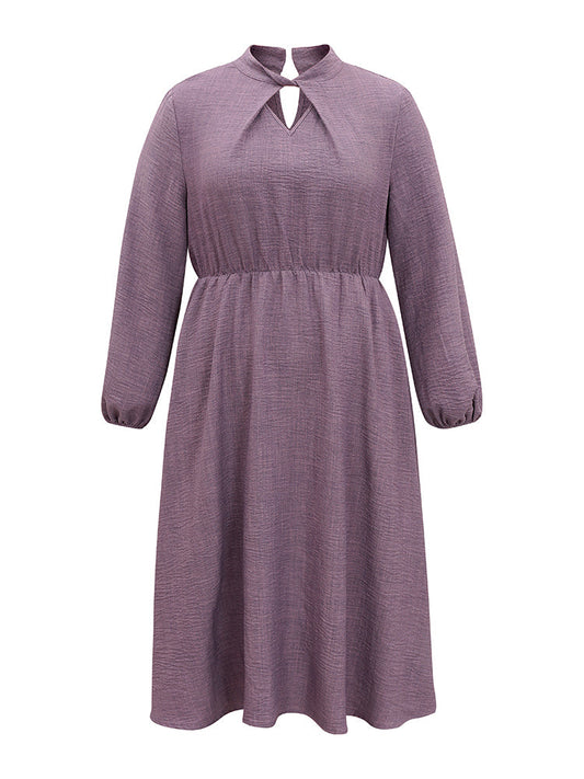 Static-Free Elastic Waist Twist Neck Lantern Sleeve Dress