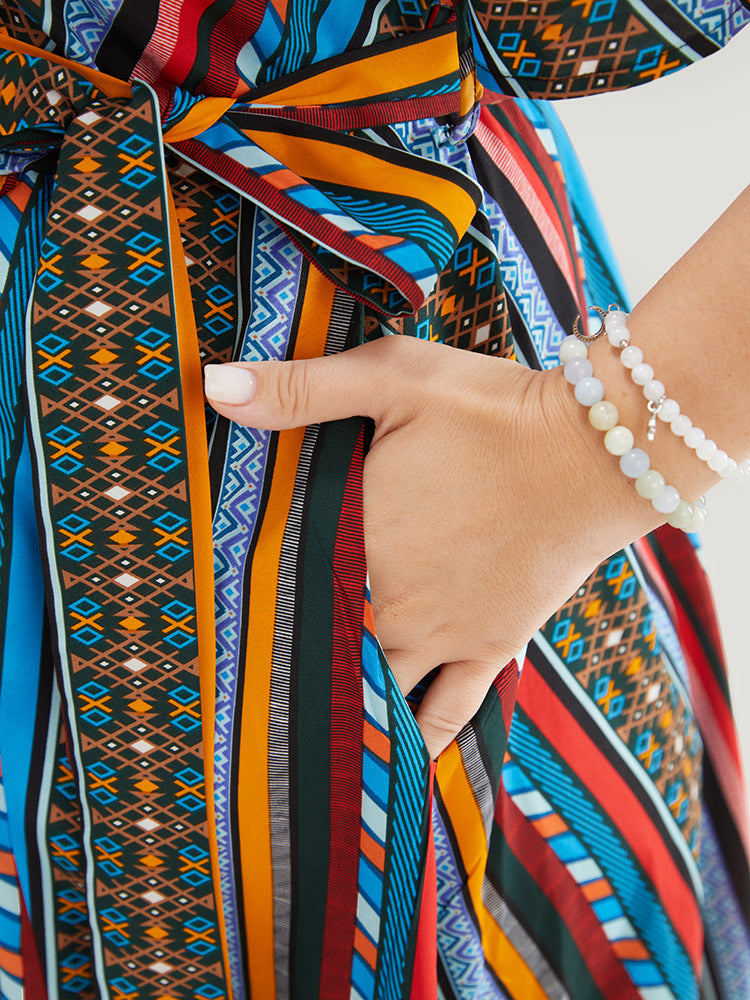 Striped Contrast Ruffle Sleeve Wrap Pocket Belt Split Dress