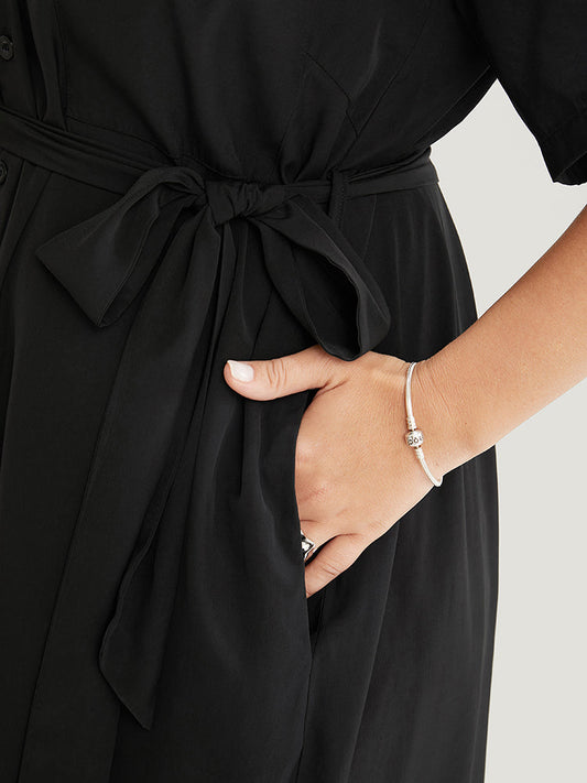 Plain High Low Hem Split Pocket Belt Button Up Dress