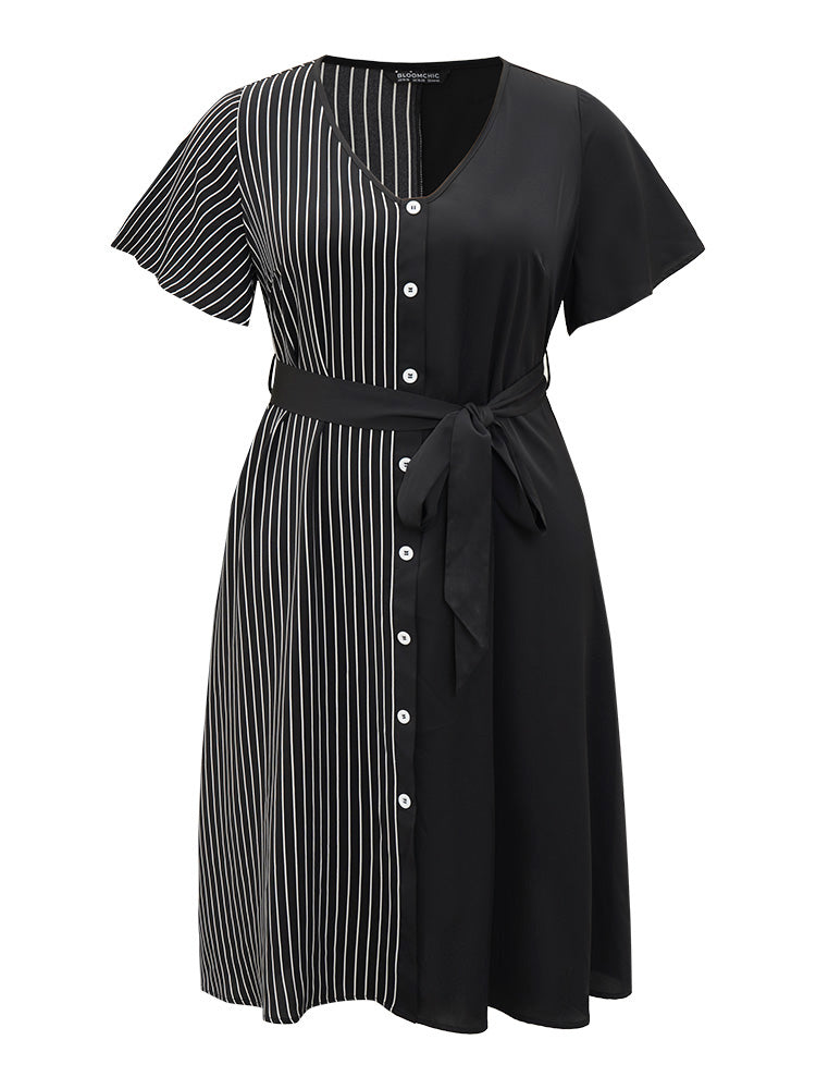 Striped Patchwork Pocket Button Detail Belted Dress