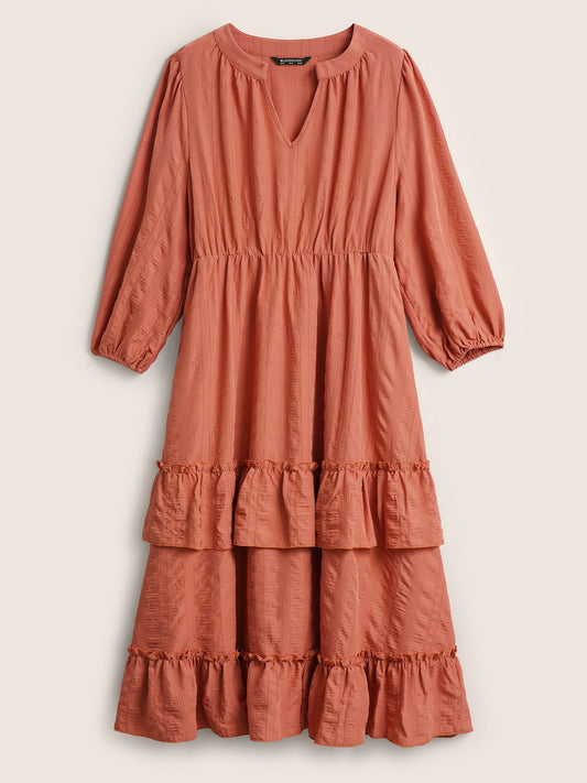 Plisse Notched Ruffle Trim Layered Hem Dress