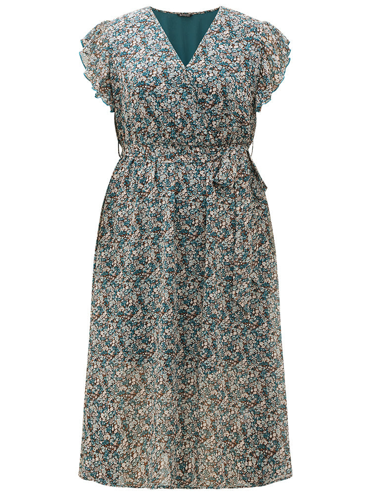 Ditsy Floral Surplice Neck Belted Flutter Sleeve Dress