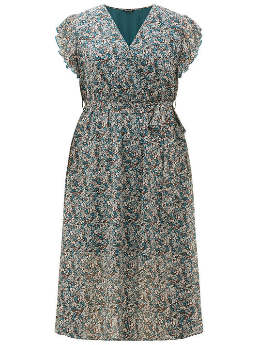 Ditsy Floral Surplice Neck Belted Flutter Sleeve Dress