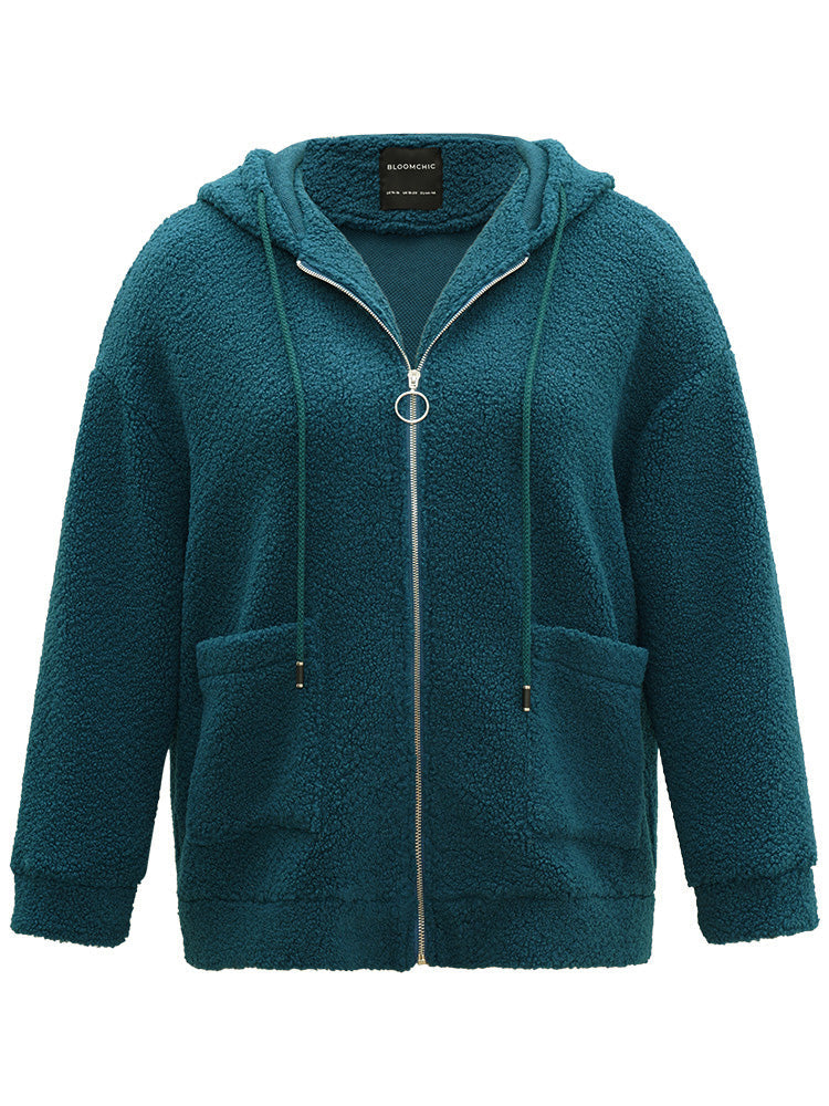 Plain Texture O Ring Zipper Hooded Drawstring Jacket