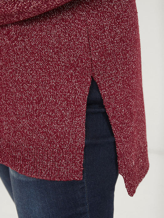 Solid Pointelle Knit V Neck Split Hem Glitter Knit Top