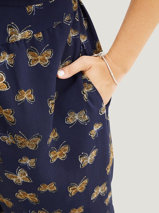Butterfly Print Twist Pocket Puff Sleeve Jumpsuit