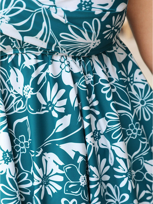 Floral Print Crossover Front Flutter A Line Tankini Top