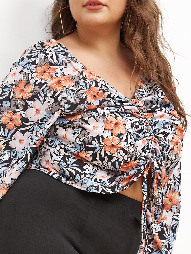 Drawstring V-neck Floral Crop Top