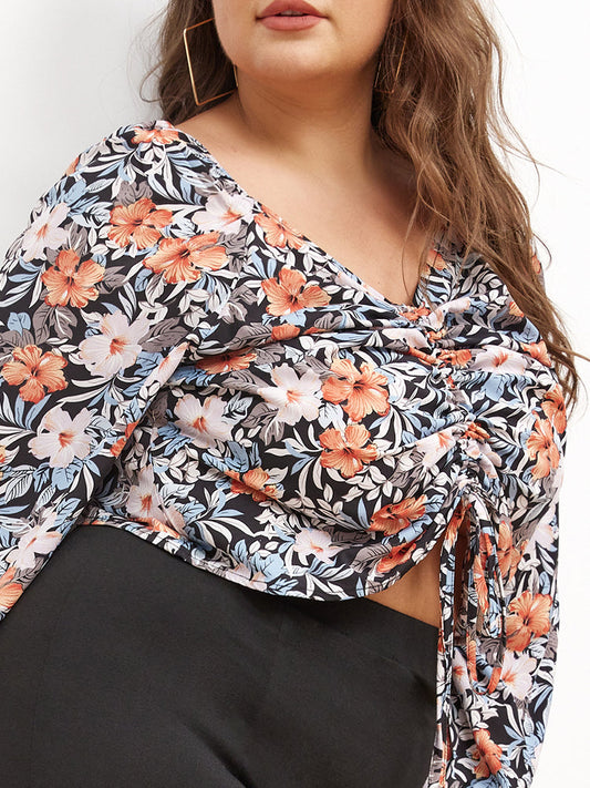 Drawstring V-neck Floral Crop Top