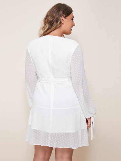 Swiss Dot Knot Cuff Belted Wrap Dress