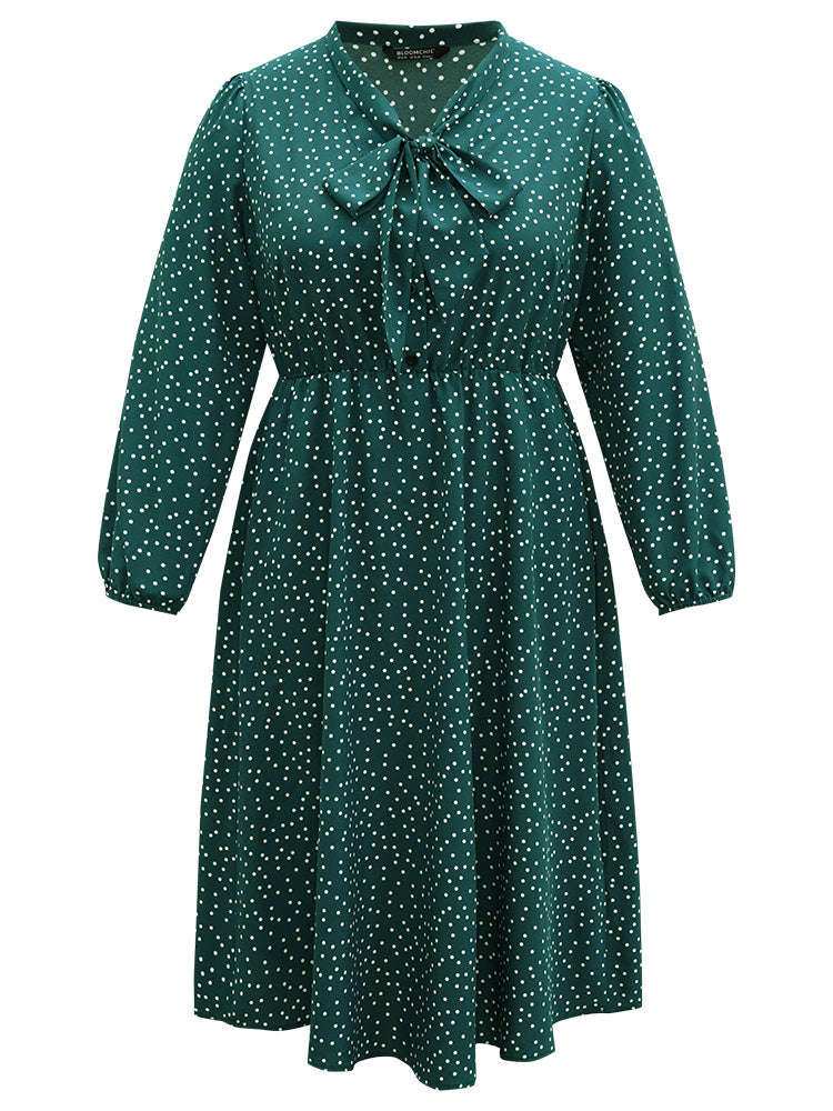 Polka Dot Ties Bowknot Elastic Waist Button Up Dress