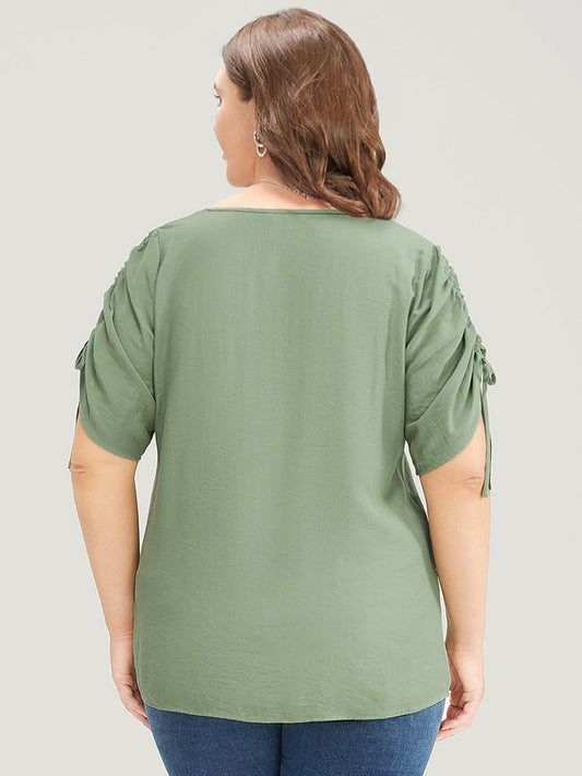 Solid Ruched Drawstring Sleeve Blouse
