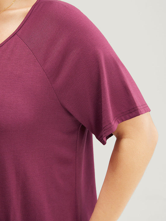 Solid Button Detail Raglan Sleeve Swing T-shirt