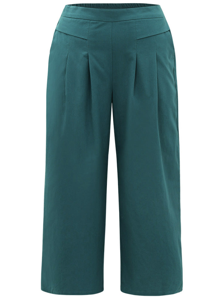 Plain Pocket Elastic Waist Plicated Detail Pants