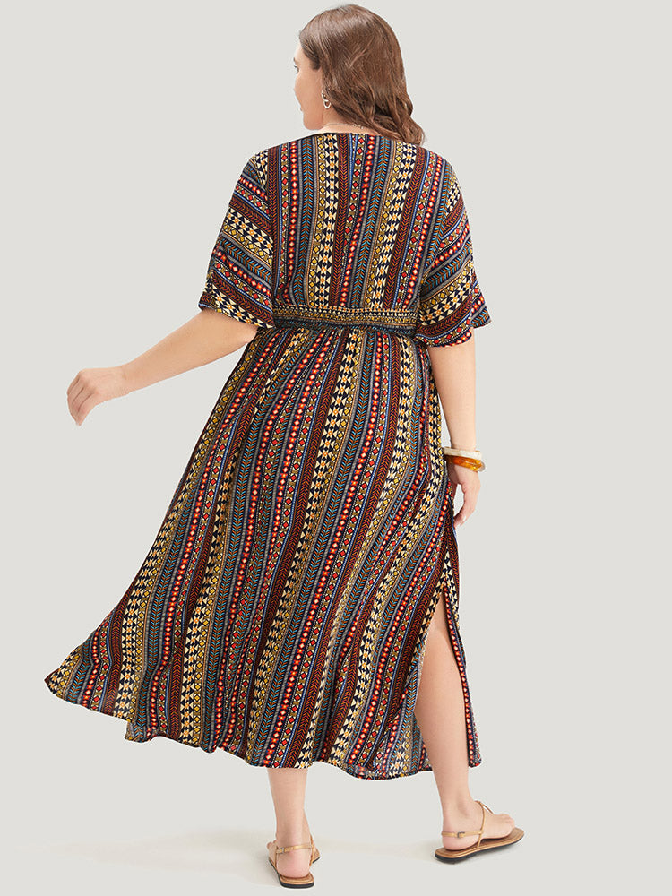 Striped Geometric Shirred Pocket Split Hem Dolman Sleeve Dress