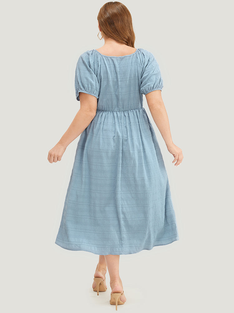 Plain Textured Ruffles Pocket Pleated Button Detail Dress