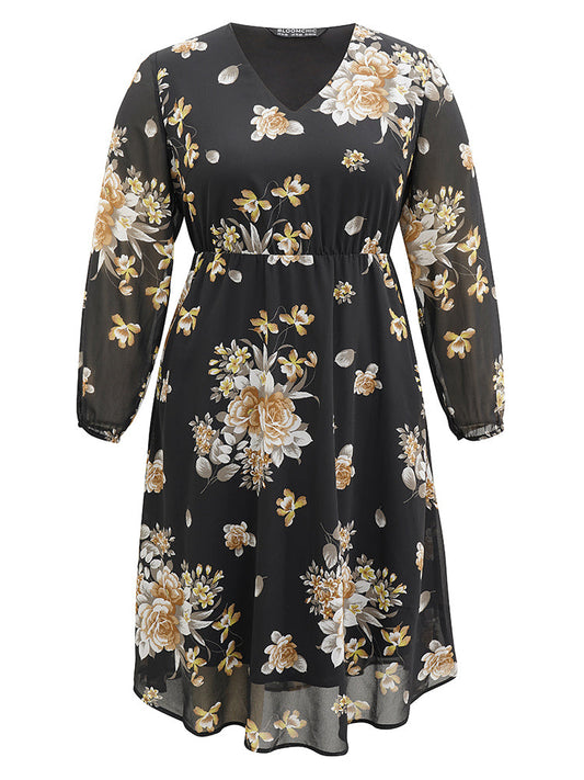 Chiffon Floral Print Pocket Mesh Dress