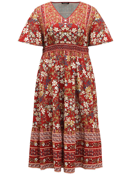 Bandana Print Shirred Pocket V Neck Dress