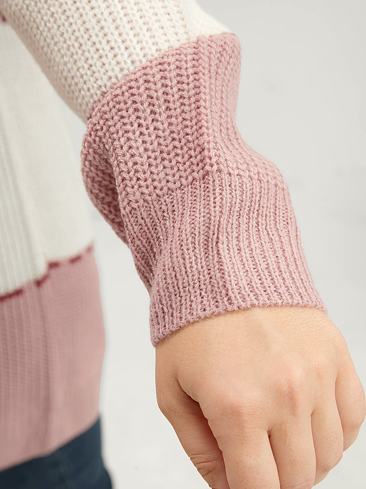 Colorblock Contrast Pointelle Knit Crew Neck Knit Top