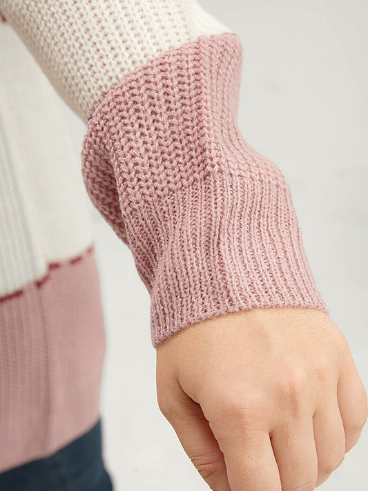 Colorblock Contrast Pointelle Knit Crew Neck Knit Top