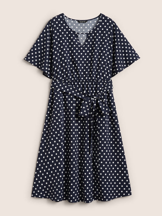 Polka Dot Keyhole Elastic Waist Belted Dress