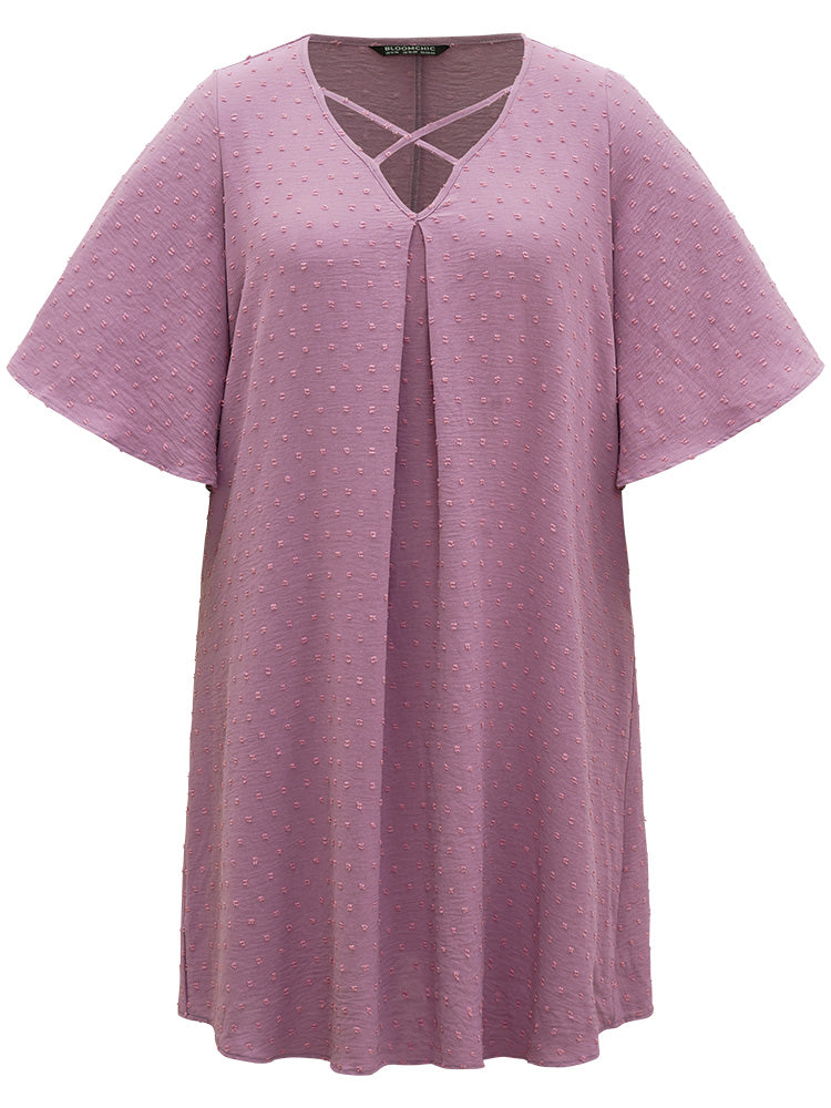 Plain Textured Plicated Detail Crisscross Ruffle Sleeve Dress