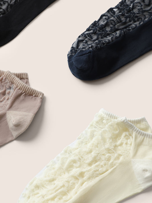 3 Pairs Lace Patchwork Plain Socks