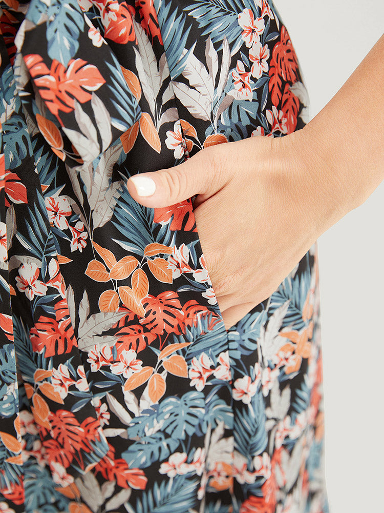 Tropical Printed Lace Pocket Ruffle Hem Cami Dress