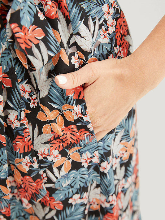 Tropical Printed Lace Pocket Ruffle Hem Cami Dress