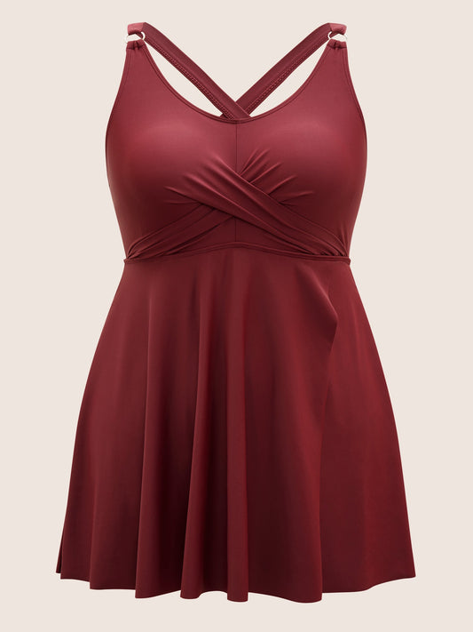 Solid Crossover Adjustable Straps Split Hem Swim Dress