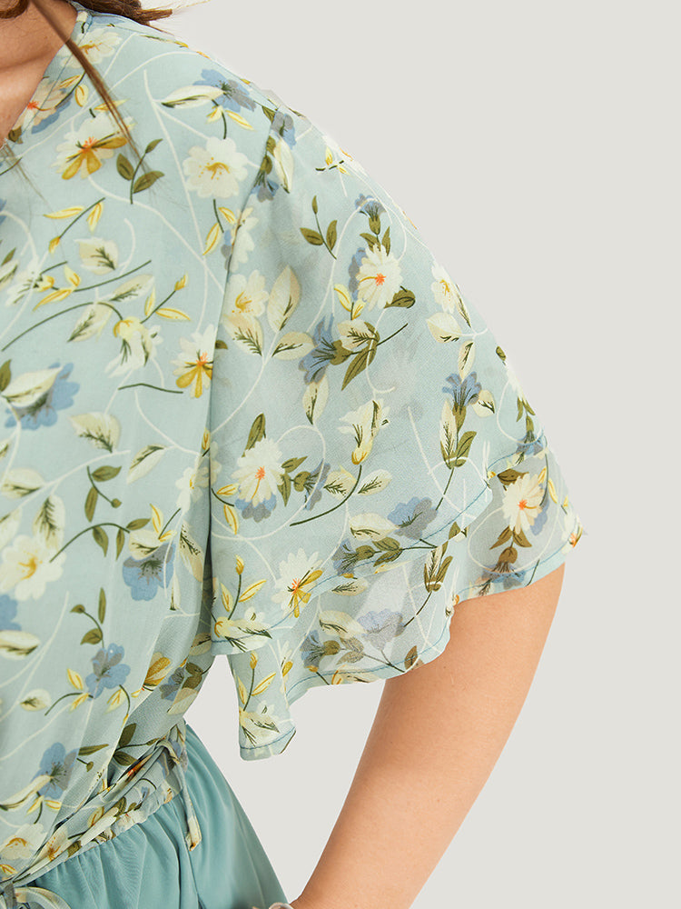 Floral Tiered Sleeve Belt Ruffle Pocket Wrap Jumpsuit