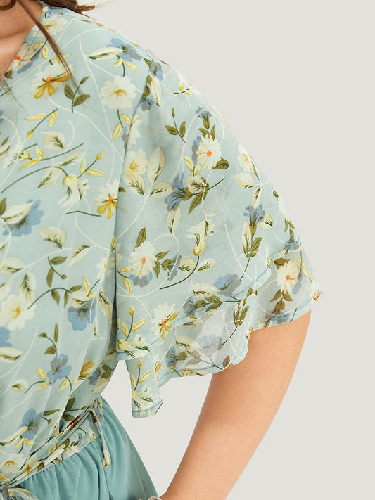 Floral Tiered Sleeve Belt Ruffle Pocket Wrap Jumpsuit