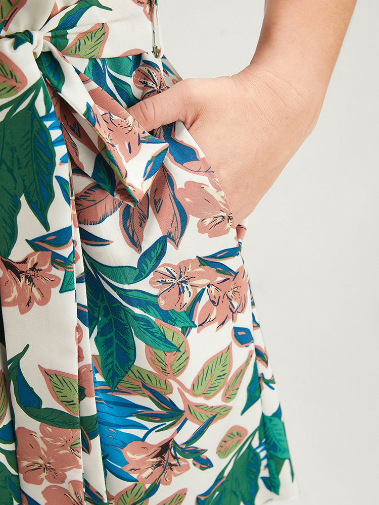 Tropical Print Pocket Belted Wrap Romper