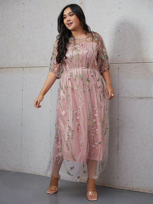 Plant & Butterfly Embroidery Mesh Dress