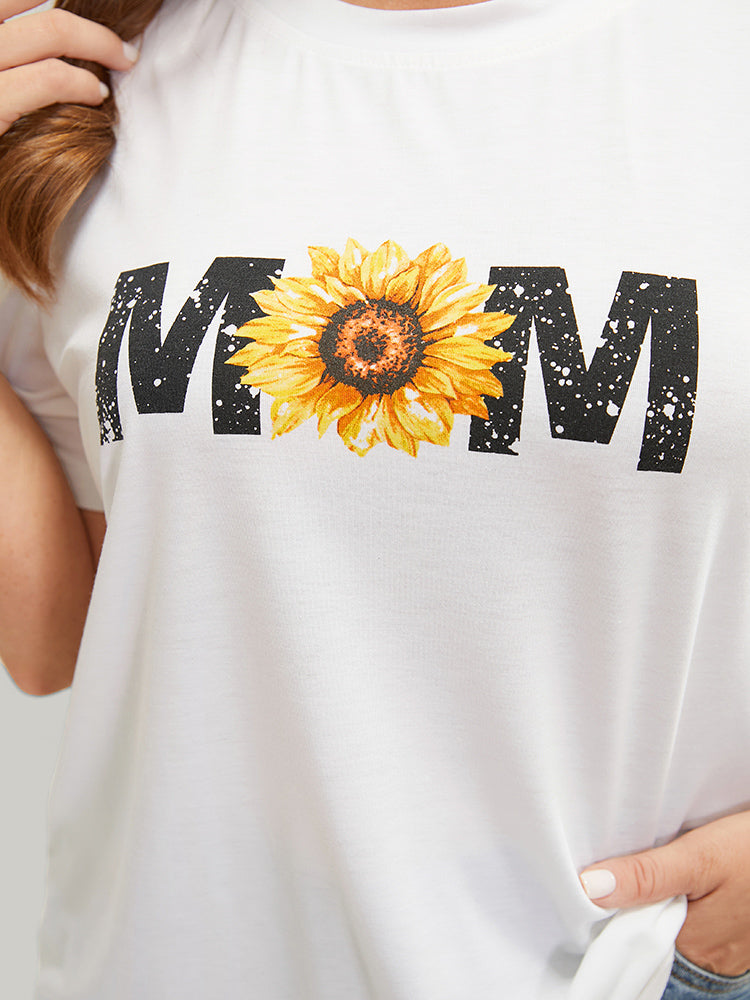 Sunflower & Letter Print Round Neck T-shirt