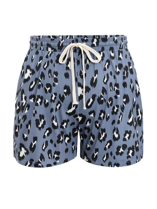 Leopard Print Pocket Drawstring Sleep Shorts