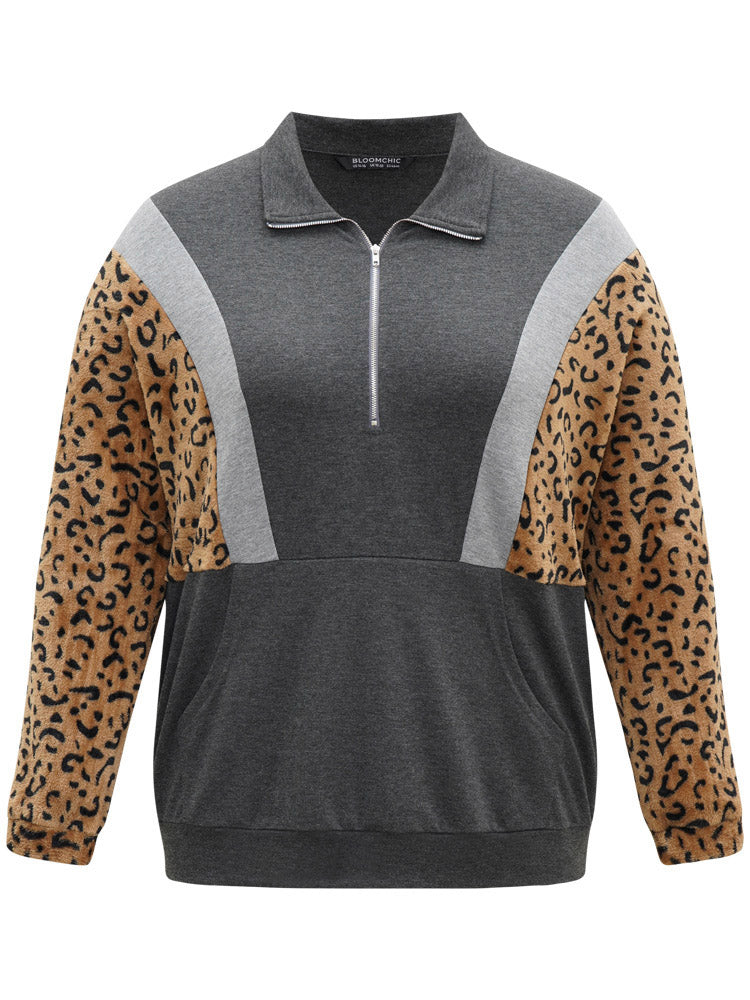 Leopard Patchwork Contrast Half Zip Dolman Sleeve Sweatshirt