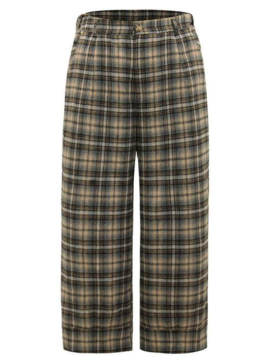 Plaid Button Detail Straight Leg Pants