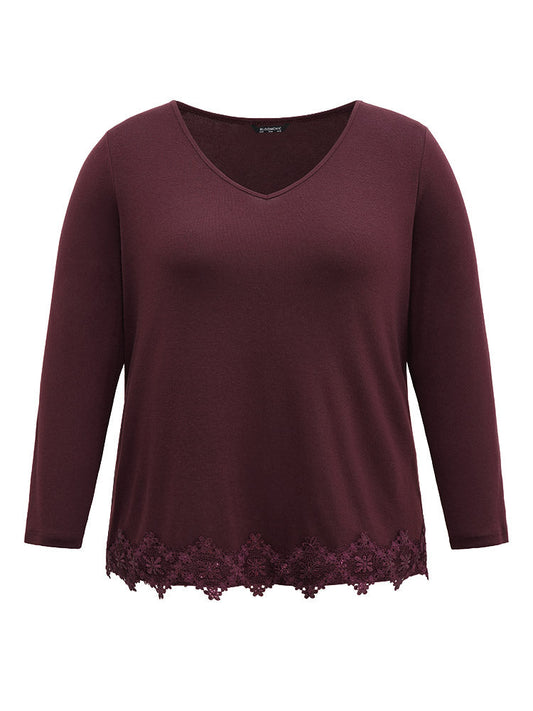 Lace Panel Hem Long Sleeve T-shirt
