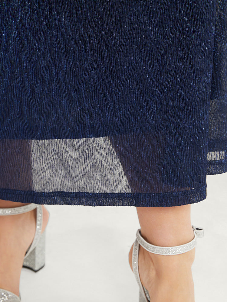 Solid Pocket Mesh Ruffles Glitter Cold Shoulder Dress