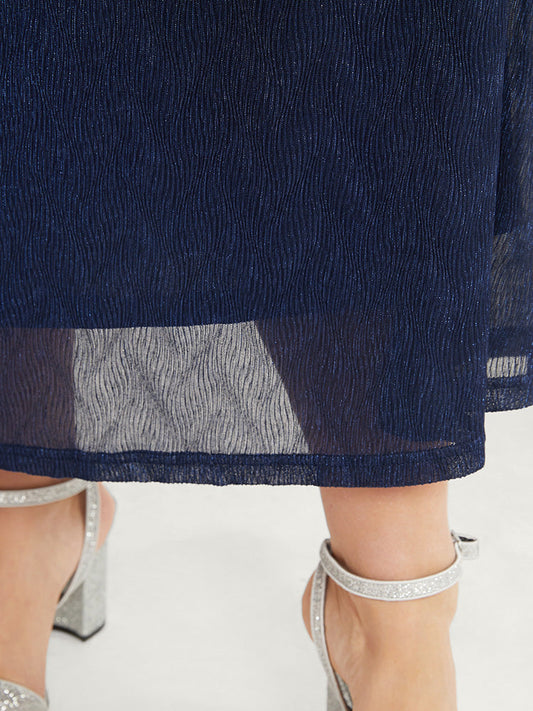 Solid Pocket Mesh Ruffles Glitter Cold Shoulder Dress